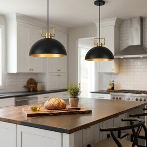 Farmhouse Pendant Lights Set of 2 Matte Black Adjustable Height Gold Dome Island